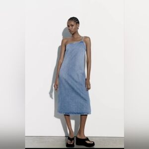 Zara Asymmetric Strap Denim Dress
